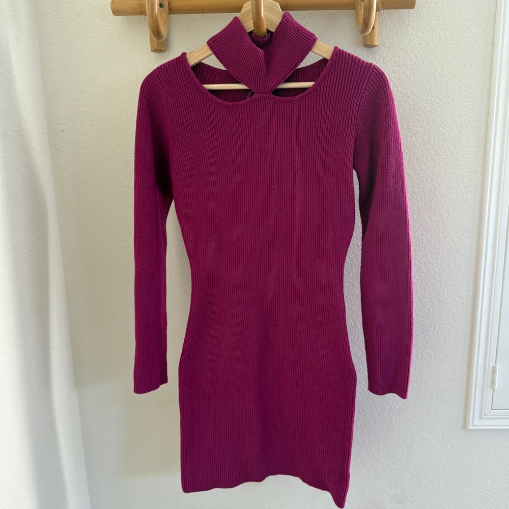 VICI purple knit sweater mini dress with cutout neckline and long sleeves